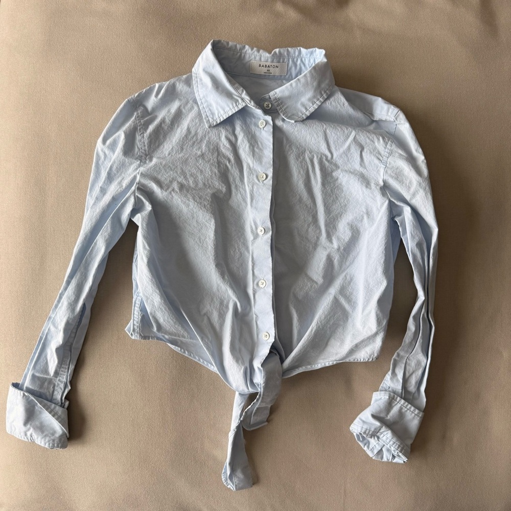 Babaton Pale Blue Tie-Front Button Down Shirt